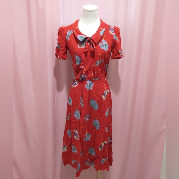 1990s Ragtime/ILGWU Red Midi Dress with Flowers (fits like a Size XS/S) - Picture 1 of 9